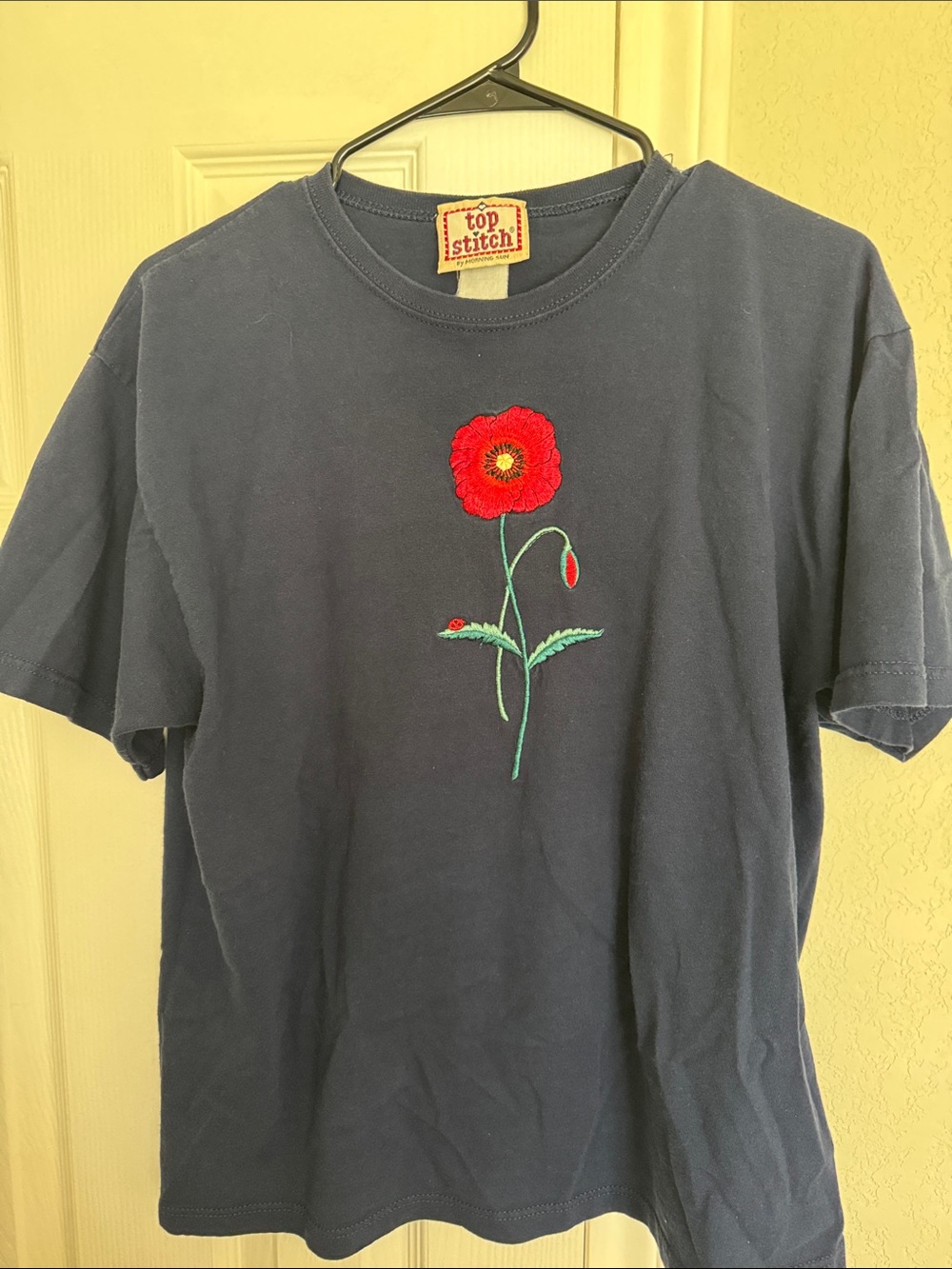 Top Stitch Navy Short Sleeve Tee with Red Poppy Embroidery